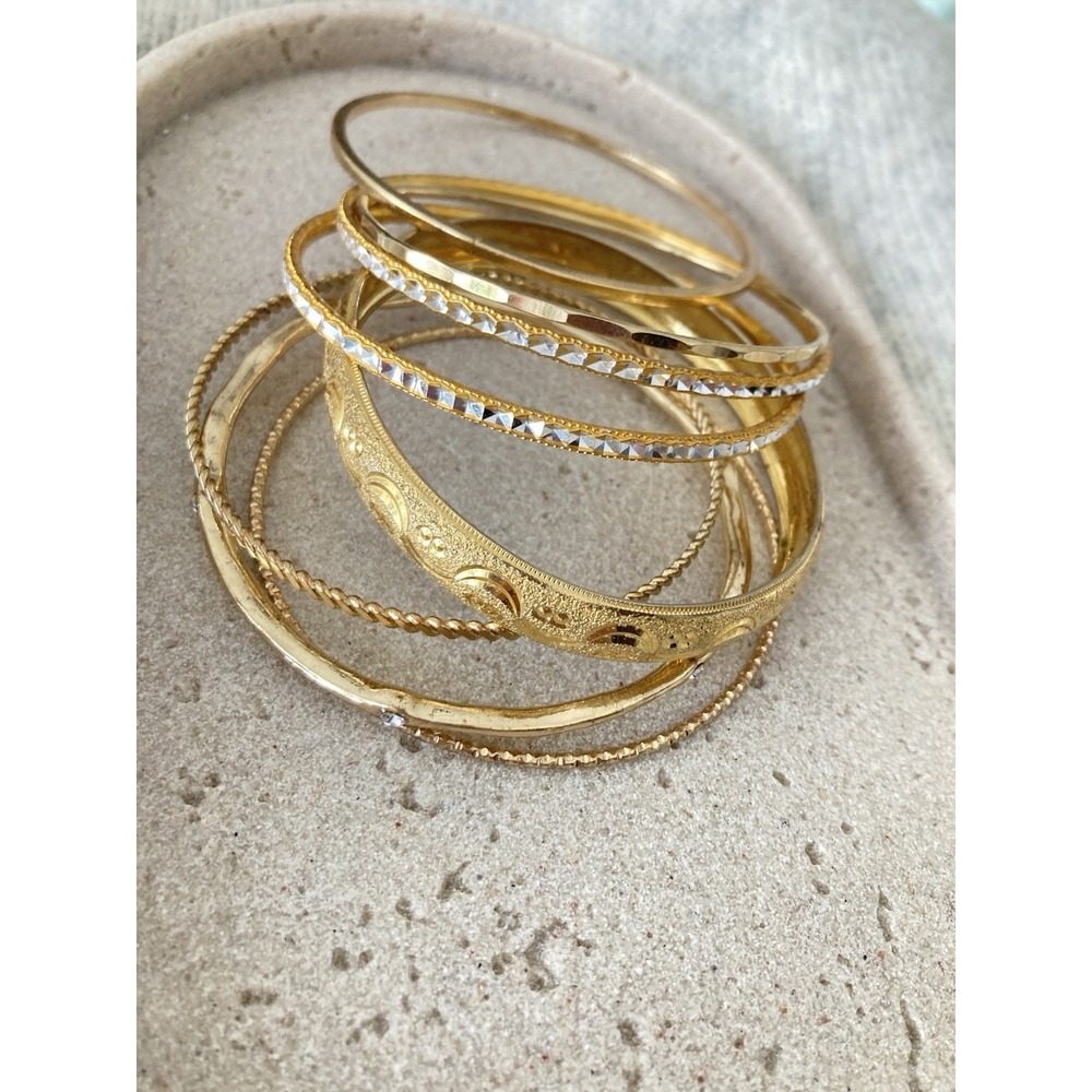 Gold Tone Bangle Bracelet Set Of 8 Stacking Mixed Textures Layering Glam Couture